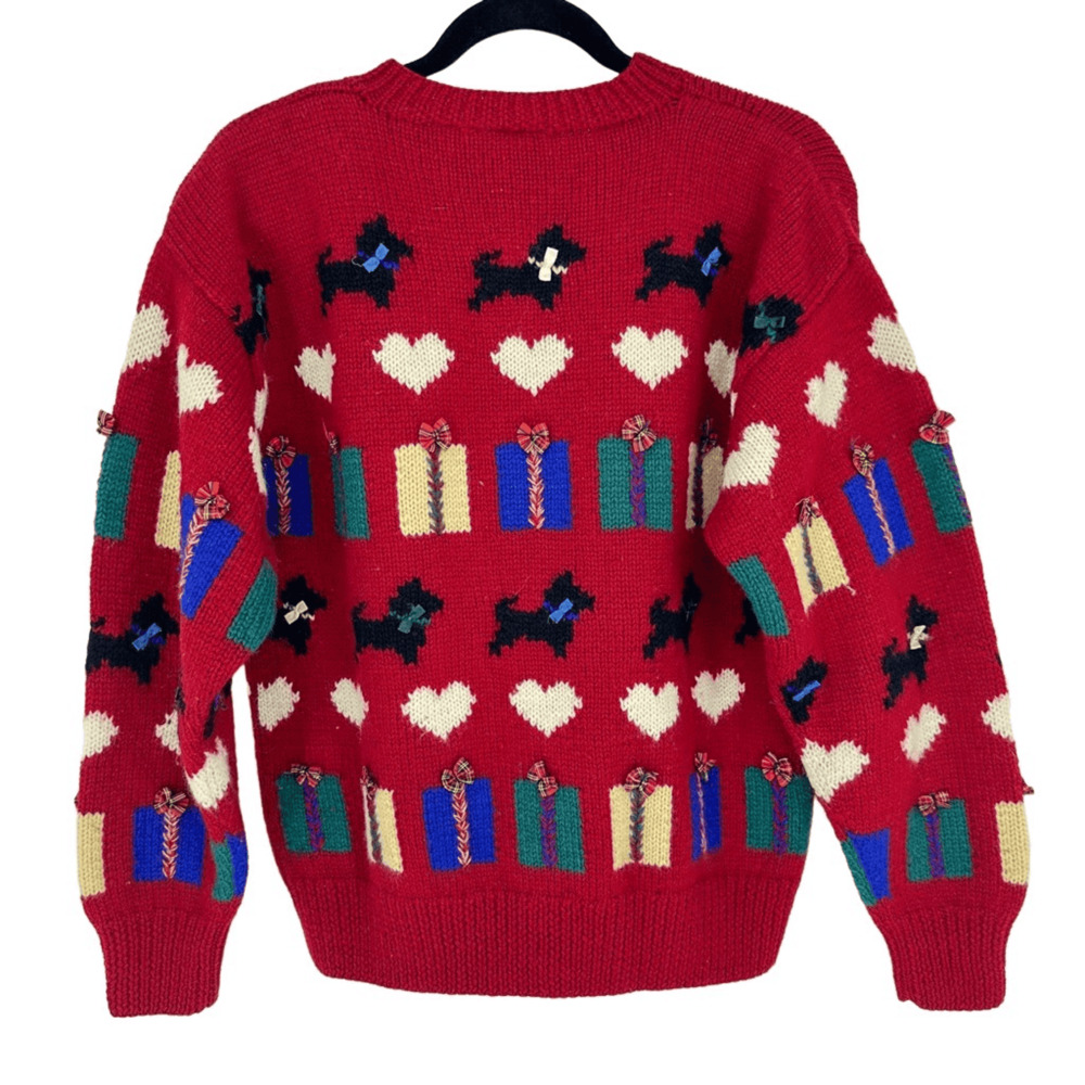 Vintage Preview Basics Red Wool Christmas Cardigan Scottie Dog Hearts Gifts S - Picture 3 of 9